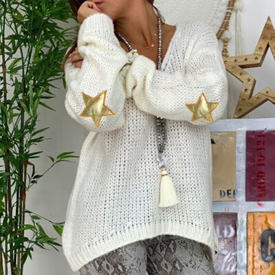 

Tailored Women Fashion Star Print Knitted V-Neck Long Sleeve Sweater Loose Top Blouse