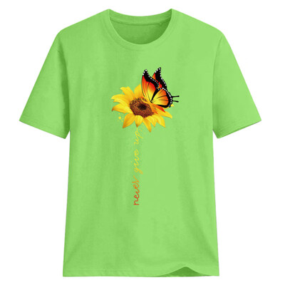 

Never Give Up Letter Butterfly Sunflower Short Sleeve T-Shirt Women Summer Top