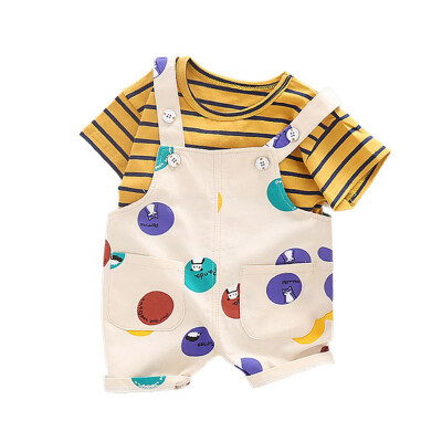 

Cartoon Baby Boys Clothes Set Striped Print T-shirt Blouse ShirtStrap Floral Shorts Casual Outfits Kids Clothes Sets