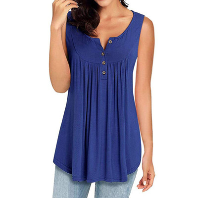 

Summer Women Casual Solid Color Buttons Pleated Loose Sleeveless Tank Top Vest