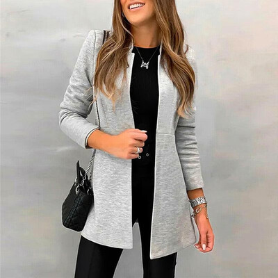

Women Outerwear Solid Color Notched Collar Open Front Long Sleeve Slim Elegant Autumn Winter OL Wear