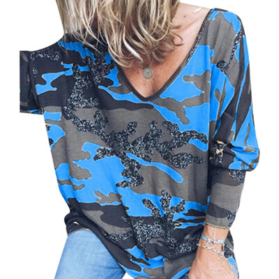 

Plus Size Autumn Women Casual Loose Camouflage Print V Neck Long Sleeve T-Shirt