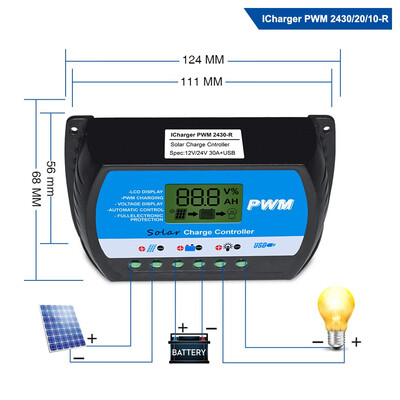 

Solar Controller 12V 24V 30A 20A 10A Solar Regulator PWM Solar Panel Battery Charger LCD Display Dual USB 5V Output