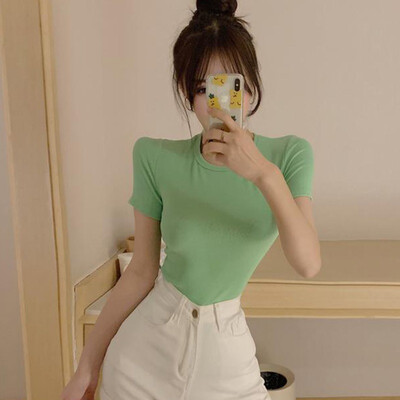 

New Arrival Sexy Chic Backless Short Sleeve T Shirt Summer Women Cotton Solid Tshirt Top Tees Slim Pullovers Tshirt Women