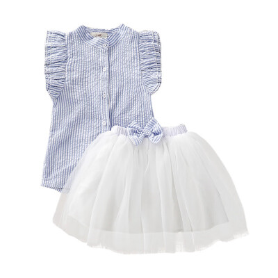 

Above Knee 1-6T Cotton O-Neck Summer Casual Fashion Girl Sleeveless Striped Blouse And Mesh Dress Kit Kid Two-piece Outfit Set