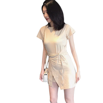 

Women Fashion Lace Up Solid Dress Casual O-Neck Short Sleeve Elegant Party Dresses Female Summer Black Sexy Mini Dress