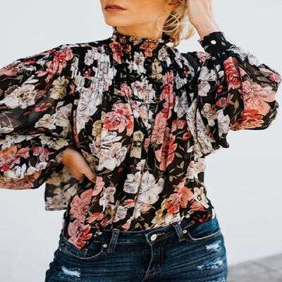 

Shirr High Neck Floral Module Long Bishop Sleeves Blouse
