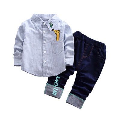 

Children Clothing Suit Boy Long-sleeved Shirt Denim Trousers Two-piece Suit Solid Color Blue Pink
