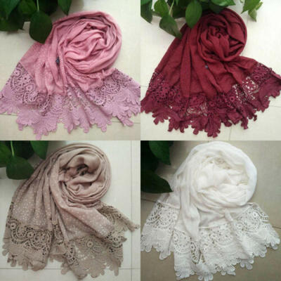 

Women Plain Floral Lace Edges Hijab Shawl Cotton Muslim Scarves Scarf Maxi Scarf