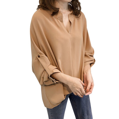 

EFINNY Women Batwing Sleeve Blouse Summer Loose V Neck Tops Solid Long Sleeve Chiffon Shirt Plus Size