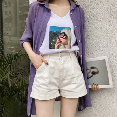 

Women Casual Shirt Solid Cardigan Turn-down Collar Blouse Loose Long Sleeve Cotton Long Blouse Coat