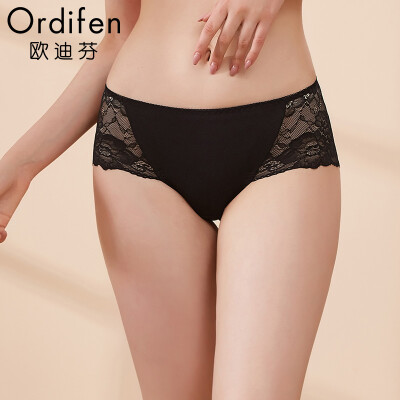 

Ou Difen womens underwear 2019 new middle waist no trace boyshort cotton pants lace sexy underwear womens belly pants XK8511 black