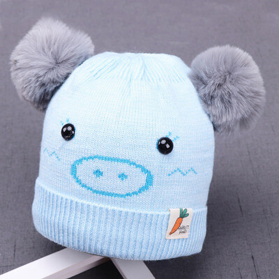 

Cute Baby Hat Pompon Winter Warm Kids Baby Ball Design Hats Cartoon Print Knitted Wool Hemming Caps