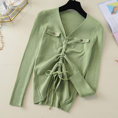

Sweet Drawstring Women Sweater Summer Autumn New Simple Solid Color Sweater Fashion V-Neck Loose Long Sleeve Sweater Tops