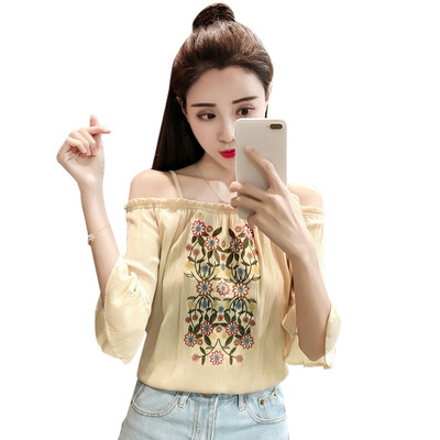 

2019 Fashion Summer Sexy Women Chiffon Blouse Off Shoulder Print Floral Casual Blouses Flare Sleeve Shirts