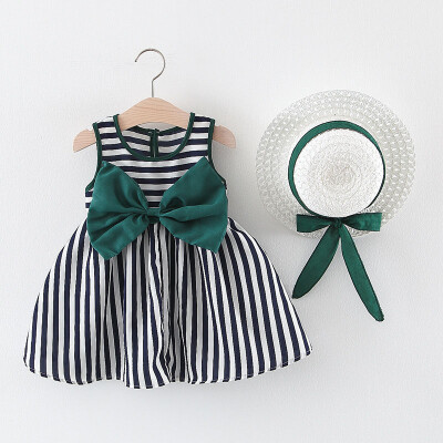 

Summer Girl Dress with Hat Stripe Print Fashion Bow Girls Dresses Casual Kids Clothes robe fille enfant 3M-2T