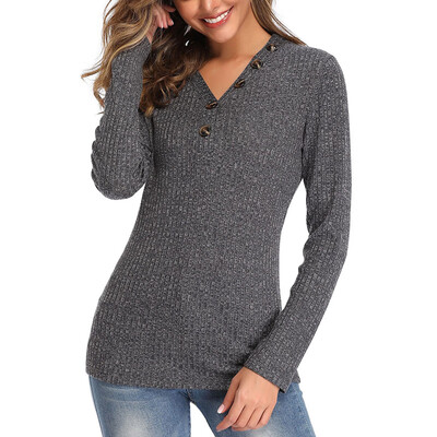

2019 Hot Sale Women Fashion Casual All-match Autumn And Winter Sweater V-neck Button Long-sleeved Slim Solid Color Sweater