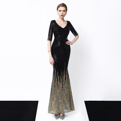 

Sequins Evening Dress Sexy V-neck Half Sleeve Elegant Mermaid Long Formal Evening Party Dress