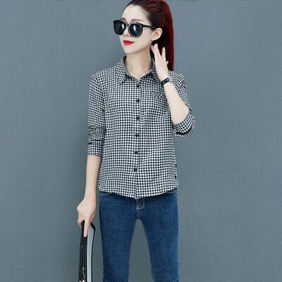 

Blouses Women Plaid Long Sleeve Turndown Collar 2019 Autumn New Fashion Casual Lapel Plus Size Female Tops OL Office Blouse