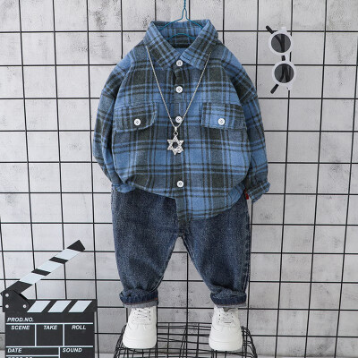 

Children Summer Cartoon Plaid Printed Long Sleeve T-shirt Lapel Casual TopsDenim Pants