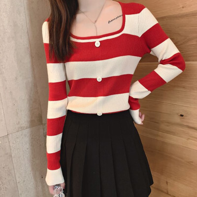 

Autumn New Loose Casual Striped Pattern T-shirt Korean Style Round Neck Long-sleeved Women Knit Tee Top