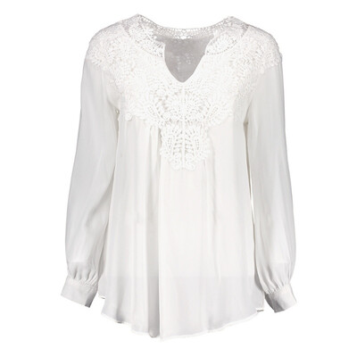 

V neck Patchwork Lace Blouse Shirts Women Fashion Clothing WhiteBlackRed Long Sleeve Shirts Ladies Chiffon Summer Top