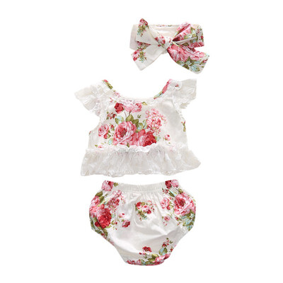 

3pcs Toddler Baby Girl clothes set Lace hollow out Floral Top Stripe Shorts headband 3Pcs Outfits set clothes