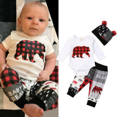 

3PCS Newborn Baby Boy Girl Baby Bear Clothes Set Romper Pants Hat Outfits Winter