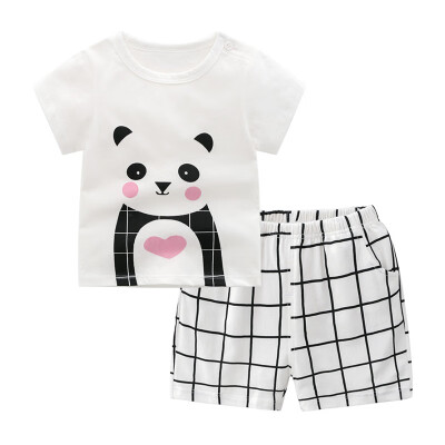 

Hot Sale New Summer Kids Boys Clothing Suit Comfortable Breathable Cotton Cute Cartoon Panda Pattern White T-shitPlaid Shorts