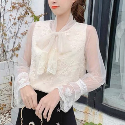 

2XL Women\s Lace Blouses Sexy Bow Tie Neck Long Sleeve Embroidered Flare Sleeve Shirt Summer White Tops Sweet Shirts