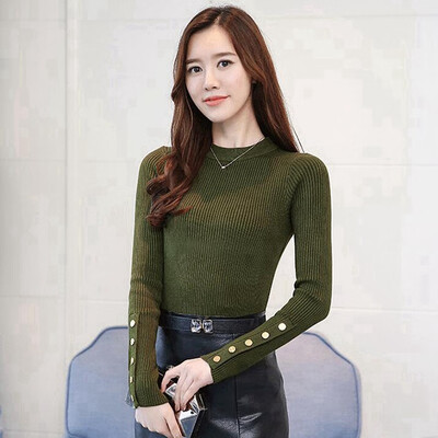 

New Hot Women Autumn Knitted Sweater Solid Knitted Female Cotton Soft Elastic Color Pullovers Button Full Sleeve Turtleneck