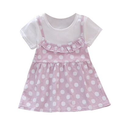 

Summer Baby Girl Short Sleeve Fake 2 Piece Dot Print Cotton Princess Dress Sundress