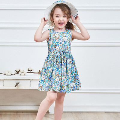 

Cute Children Summer Girls Round Collar Cute Cartoon Floral Print Sleeveless Sweet Princess DressHat 1-7Y Toddler Girl Clothes