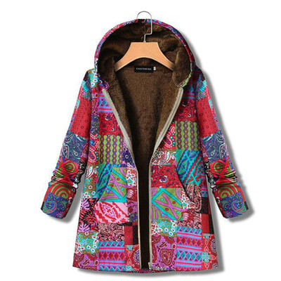 

Women Autumn Winter Geometric Pattern Printed Hooded Jacket