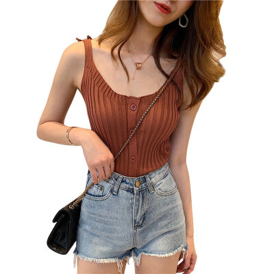 

2019 Womens Buttons U Neck Sleeveless Solid Knitted Tank Top