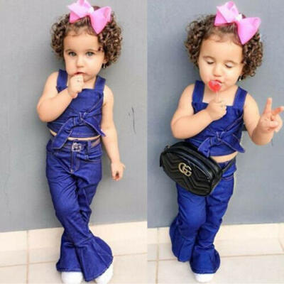 

Fashion Toddler Kid Baby Girl Tank Tops Shirt Long Pants Denim Outfits Clothes