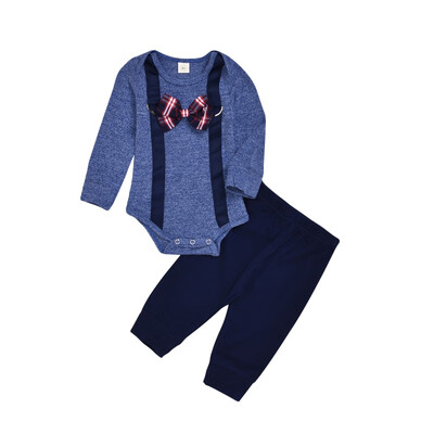 

Autumn Baby Infant Boy Rompers Gentleman Suit Long-Sleeve Bow Tie Jumpsuit Solid Color Pants 2 Sets