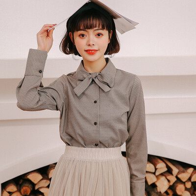 

Womens Blouse Autumn Winter New Plaid Pattern Bow Women Blouse Fashion Sweet Lapel Long Sleeves Shirt Turn-down Collar -L