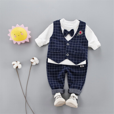 

New Autumn Baby Boy Long Sleeve Gentleman Soft Cotton T-Shirt TopsPlaid VestLong Pants Trousers Toddler Outfits