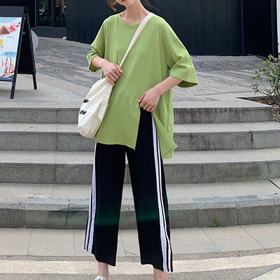 

Women 2 PCS Set Autumn Long Style Split T-shirt Side Striped Wide Leg Pants Suits Casual Female O-Neck Tops