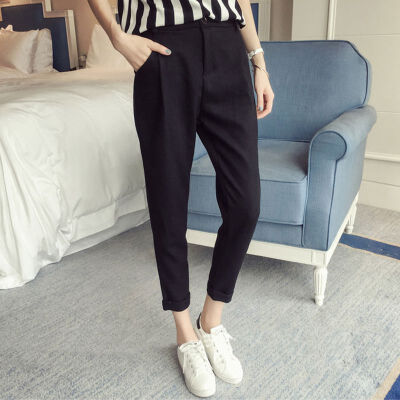 

Women Comfy Nine Points Harem Pants Women High Waist Solid Color Loose Straight Long Trousers Pockets Casual Women Pant