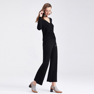 

Her pool womens 2018 autumn&winter new V-neck long-sleeved shirt with wide-leg pants two-piece fashion suit ladies casual pants T83X1930A10JM black one yard