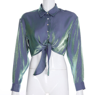 

2019 Autumn Long Sleeve Turn-down Collar Shirt New Women Temperament Bright Silk Knotted Shirt Solid Casual Women Crop Top