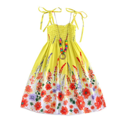 

Casual Baby Girls Dress with Necklace Sleeveless Floral Print Strap Kids Dress For Girls Clothes Toddler Sundress