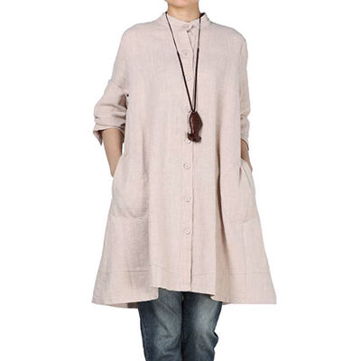 

Women Autumn Concise Casual All-match Dress Solid Color Loose Button-down Long Sleeve Dress