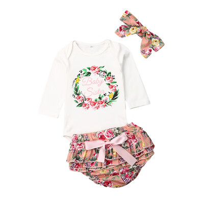 

2019 Summer Baby Girl Casual Long Sleeve Letters Print Romper Tops Floral PP Pants Headband Outfits Set