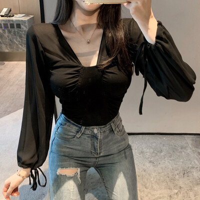 

Temperament Chic Women T Shirt New Autumn Sexy V Neck Solid Color Drawstring Loose Lantern Sleeve Tee Casual T-Shirt Tops