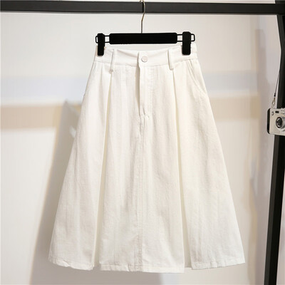 

New Japan Style Pocket buttons Washed Cotton Pleated Skirt Women ladies elastic Waist chic casual Knee-Length Female skirt