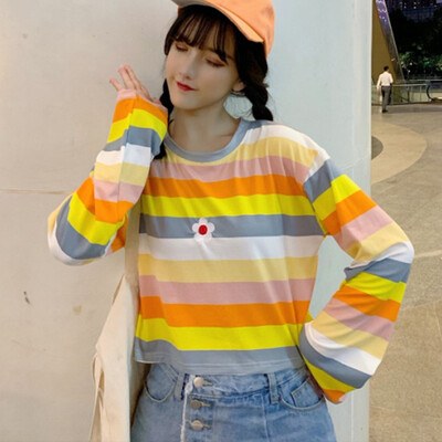 

Harajuku T-shirt Women Autumn T-shirt Cotton flower T-Shirt Sweet Embroidered T-Shirts Casual Long Sleeve Tops Tees