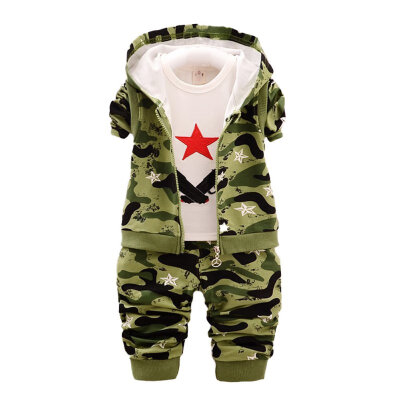 

Childrens Camouflage Boys Sportswear Set Fashion Autumn Cotton Camouflage Hooded Vest Long Sleeve T-Shirt Pants 3PCS